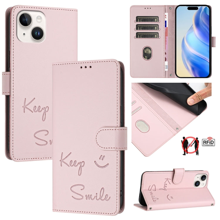 Custodia per telefono in pelle RFID con stampa Smile Embossing, For iPhone 15, For iPhone 14 Plus, For iPhone 14 / 13, For iPhone 14 Pro