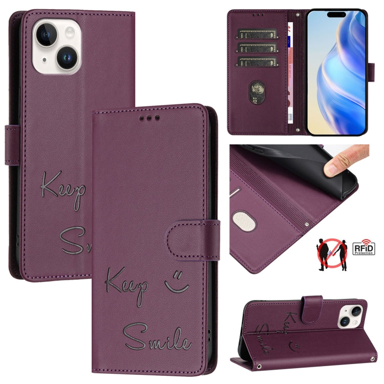Custodia per telefono in pelle RFID con stampa Smile Embossing, For iPhone 15, For iPhone 14 Plus, For iPhone 14 / 13, For iPhone 14 Pro