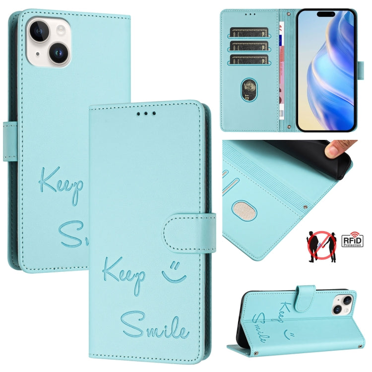 Custodia per telefono in pelle RFID con stampa Smile Embossing, For iPhone 15, For iPhone 14 Plus, For iPhone 14 / 13, For iPhone 14 Pro