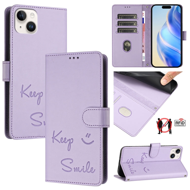 Custodia per telefono in pelle RFID con stampa Smile Embossing, For iPhone 15, For iPhone 14 Plus, For iPhone 14 / 13, For iPhone 14 Pro