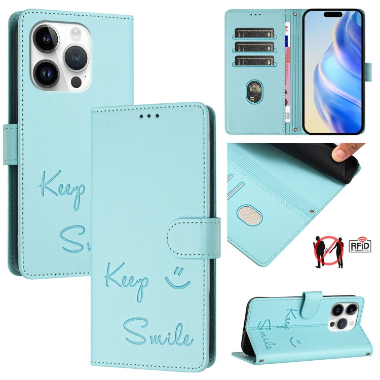 Custodia per telefono in pelle RFID con stampa Smile Embossing, For iPhone 15, For iPhone 14 Plus, For iPhone 14 / 13, For iPhone 14 Pro