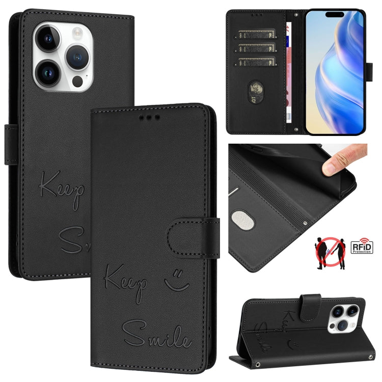 Custodia per telefono in pelle RFID con stampa Smile Embossing, For iPhone 15, For iPhone 14 Plus, For iPhone 14 / 13, For iPhone 14 Pro
