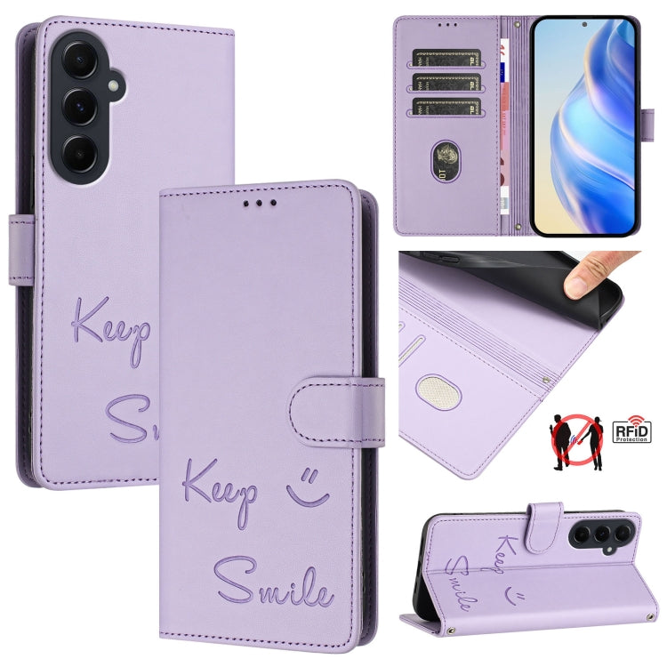 Custodia pelle RFID con stampa Smile per Samsung Galaxy A16 5G, A06 4G, A15 5G /