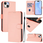Custodia per telefono in pelle tinta unita effetto pelle con cordino, For iPhone 15 Plus