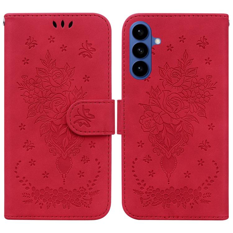 Custodia in pelle goffrata con farfalla e rosa per Samsung Galaxy S26+, S26