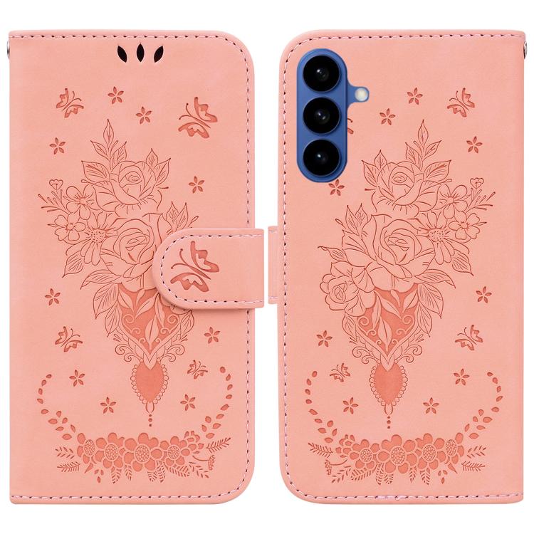 Custodia in pelle goffrata con farfalla e rosa per Samsung Galaxy S26+, S26
