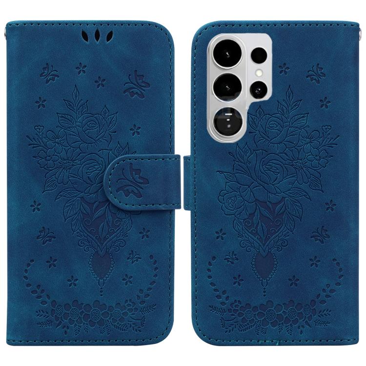Custodia in pelle goffrata con farfalla e rosa per Samsung Galaxy S26+, S26
