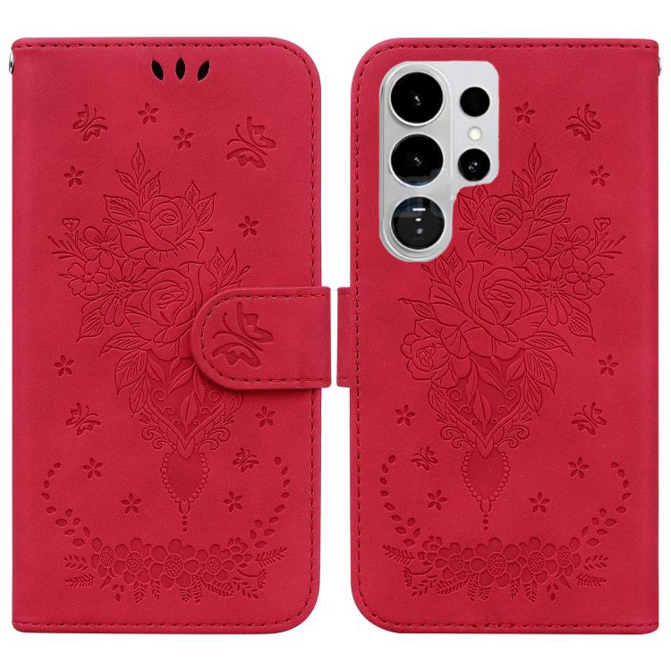 Custodia in pelle goffrata con farfalla e rosa per Samsung Galaxy S26+, S26
