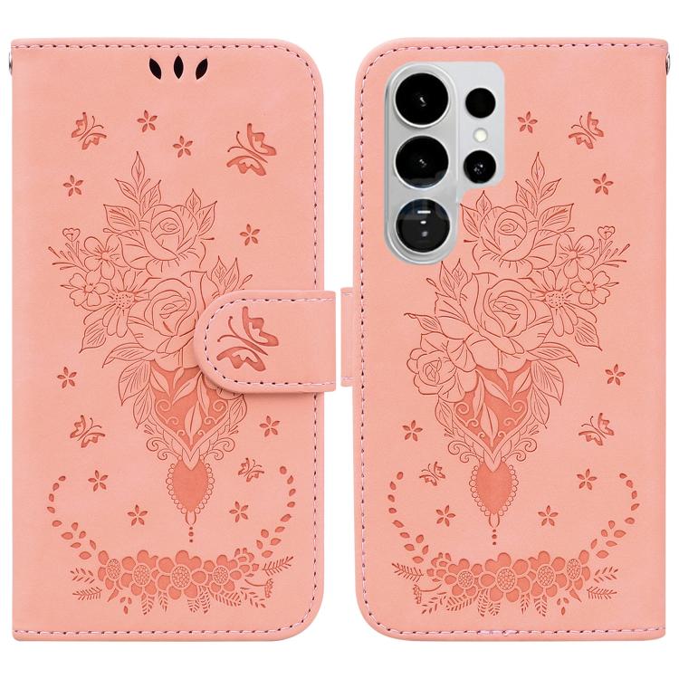 Custodia in pelle goffrata con farfalla e rosa per Samsung Galaxy S26+, S26