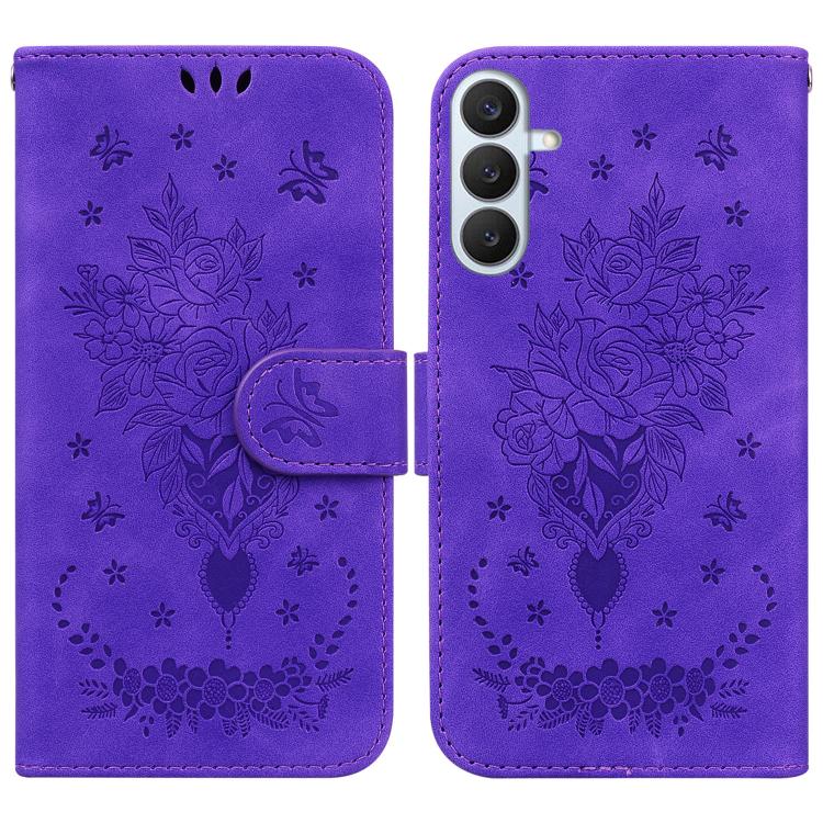 Custodia in pelle goffrata con farfalla e rosa per Samsung Galaxy S26+, S26
