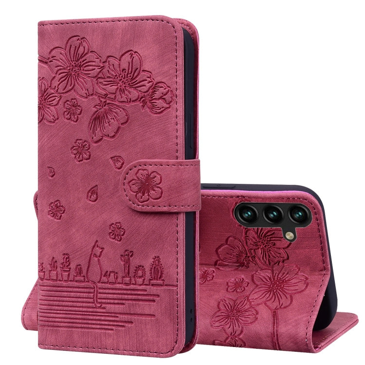 Custodia pelle goffrata con gatto Sakura per Samsung Galaxy S25 Ultra, S24 FE