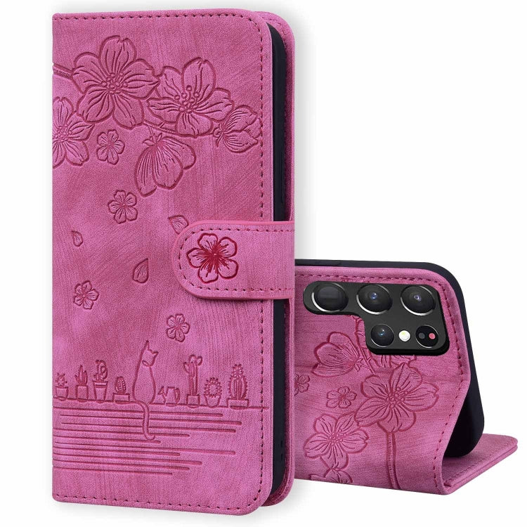 Custodia pelle goffrata con gatto Sakura per Samsung Galaxy S25 Ultra, S24 FE