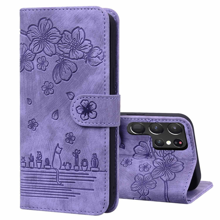 Custodia pelle goffrata con gatto Sakura per Samsung Galaxy S25 Ultra, S24 FE