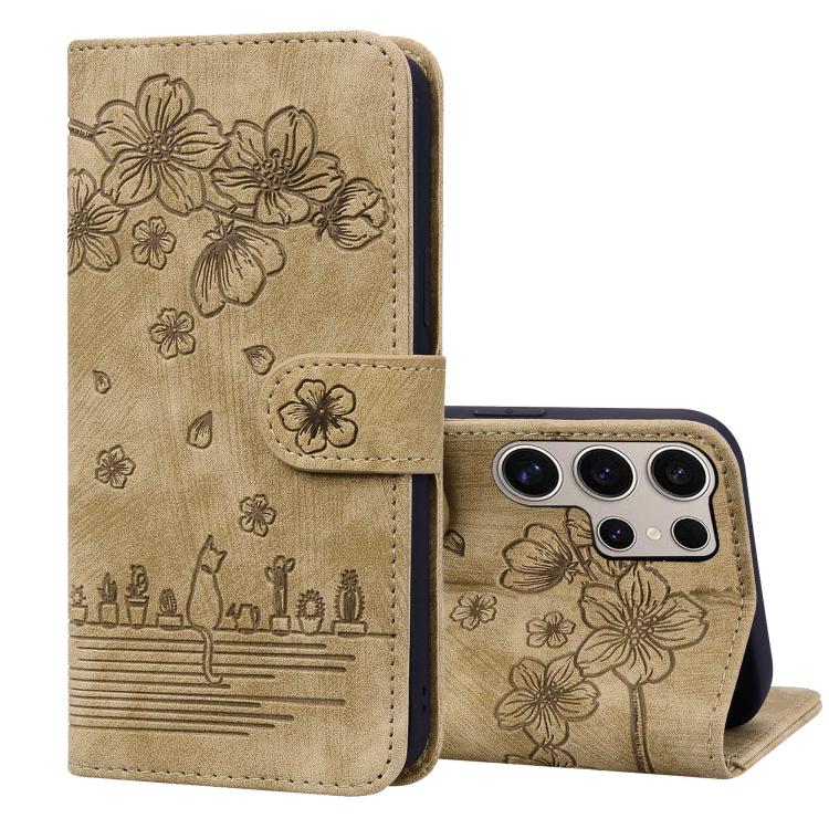 Custodia pelle goffrata con gatto Sakura per Samsung Galaxy S25 Ultra, S24 FE