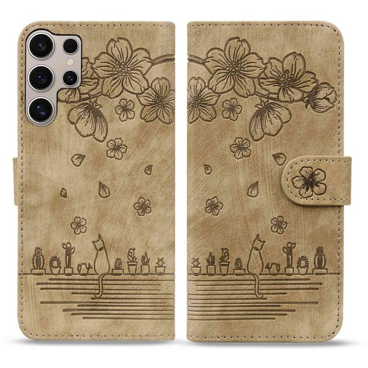 Custodia pelle goffrata con gatto Sakura per Samsung Galaxy S25 Ultra, S24 FE