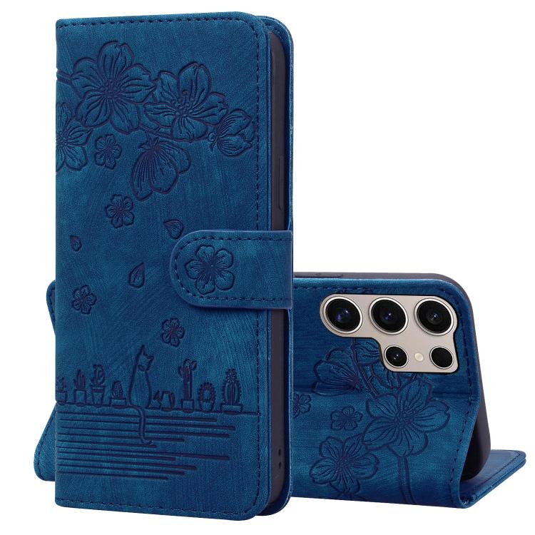 Custodia pelle goffrata con gatto Sakura per Samsung Galaxy S25 Ultra, S24 FE