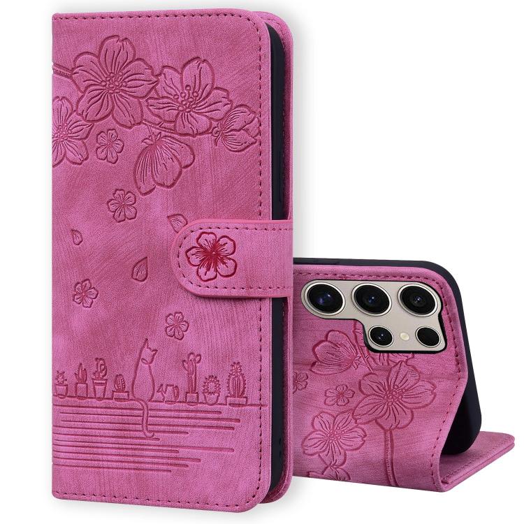 Custodia pelle goffrata con gatto Sakura per Samsung Galaxy S25 Ultra, S24 FE