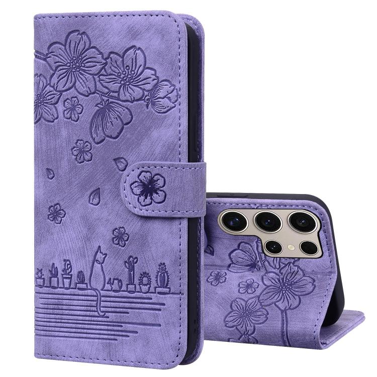 Custodia pelle goffrata con gatto Sakura per Samsung Galaxy S25 Ultra, S24 FE