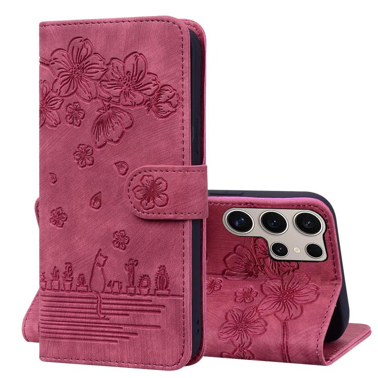 Custodia pelle goffrata con gatto Sakura per Samsung Galaxy S25 Ultra, S24 FE