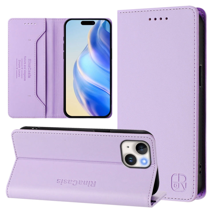 RC01 Custodia per telefono in pelle RFID con ventosa magnetica a doppia piega, For iPhone 15 Pro Max, For iPhone 15 Pro, For iPhone 15 Plus