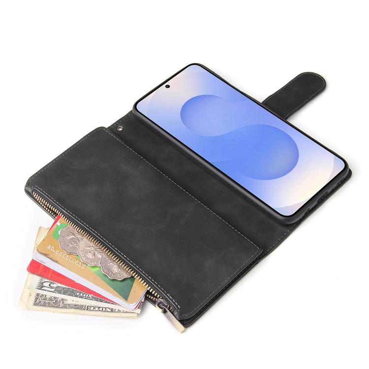 Portafoglio multifunzionale con cerniera smerigliata in pelle per Galaxy S25
