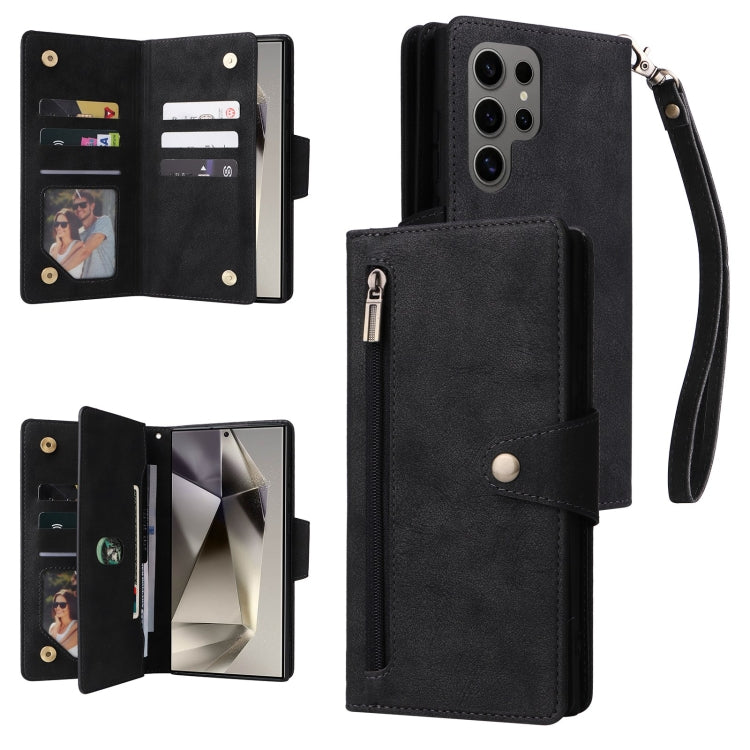 Custodia per telefono in pelle a tre pieghe con fibbia a rivetto e 9 carte, For Galaxy S25 Ultra 5G