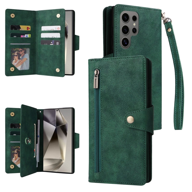 Custodia per telefono in pelle a tre pieghe con fibbia a rivetto e 9 carte, For Galaxy S25 Ultra 5G