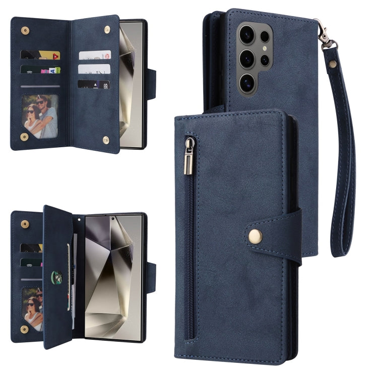 Custodia per telefono in pelle a tre pieghe con fibbia a rivetto e 9 carte, For Galaxy S25 Ultra 5G