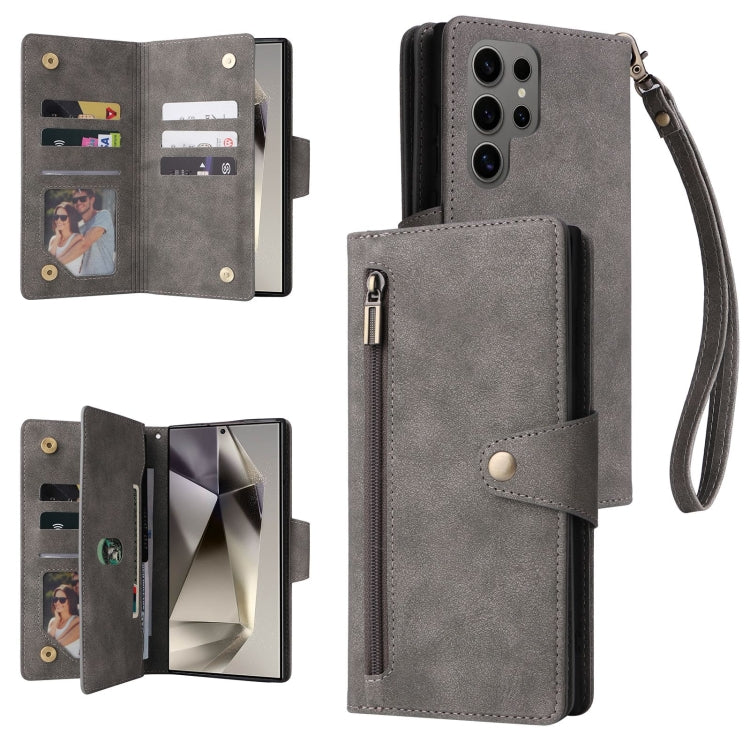 Custodia per telefono in pelle a tre pieghe con fibbia a rivetto e 9 carte, For Galaxy S25 Ultra 5G
