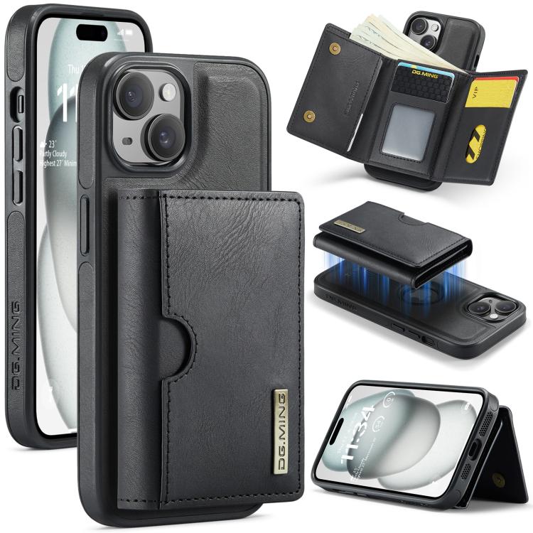 DG.MING M6 Series RFID Tri-fold Card Bag Custodia per telefono in pelle rimovibile, For iPhone 15, For iPhone 14 Plus, For iPhone 14, For iPhone 14 Pro