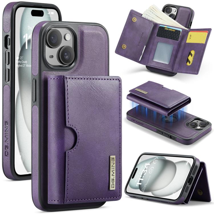 DG.MING M6 Series RFID Tri-fold Card Bag Custodia per telefono in pelle rimovibile, For iPhone 15, For iPhone 14 Plus, For iPhone 14, For iPhone 14 Pro