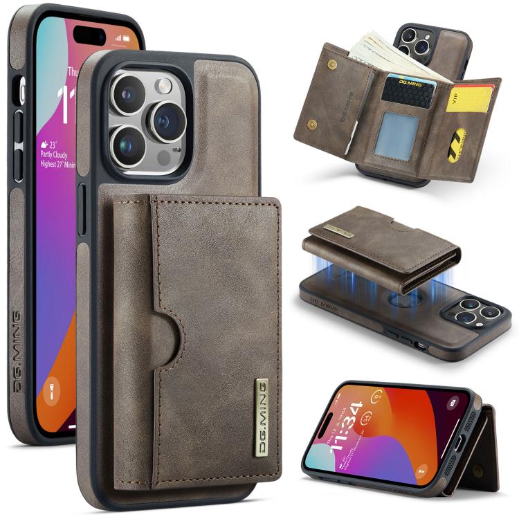 DG.MING M6 Series RFID Tri-fold Card Bag Custodia per telefono in pelle rimovibile, For iPhone 15, For iPhone 14 Plus, For iPhone 14, For iPhone 14 Pro