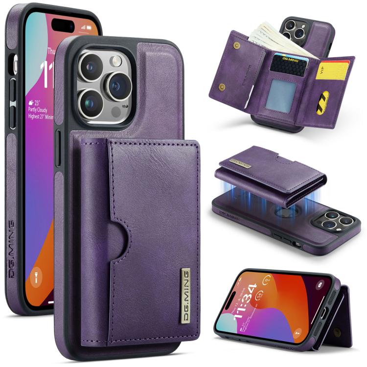 DG.MING M6 Series RFID Tri-fold Card Bag Custodia per telefono in pelle rimovibile, For iPhone 15, For iPhone 14 Plus, For iPhone 14, For iPhone 14 Pro