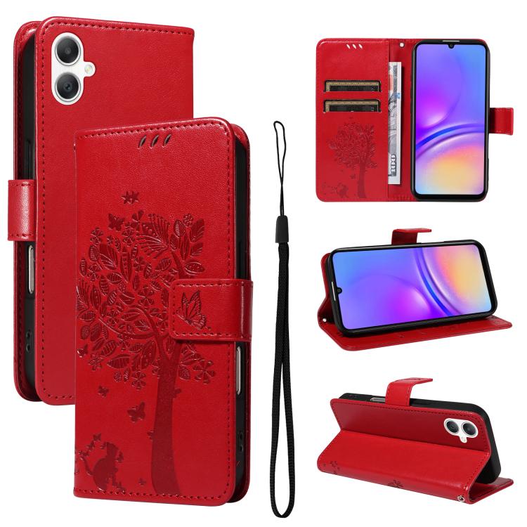 Custodia in pelle con motivo albero e gatto per Samsung Galaxy A36 5G e A06 5G