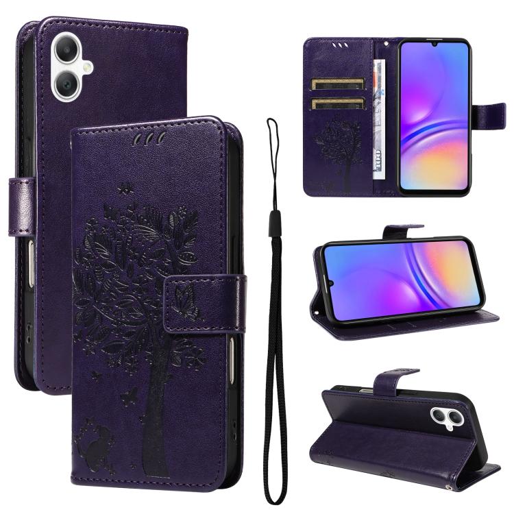 Custodia in pelle con motivo albero e gatto per Samsung Galaxy A36 5G e A06 5G