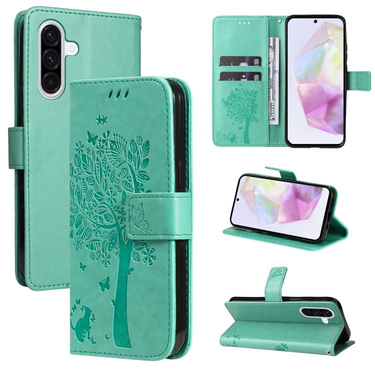 Custodia in pelle con motivo albero e gatto per Samsung Galaxy A36 5G e A06 5G