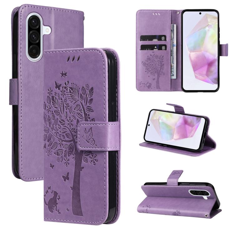 Custodia in pelle con motivo albero e gatto per Samsung Galaxy A36 5G e A06 5G