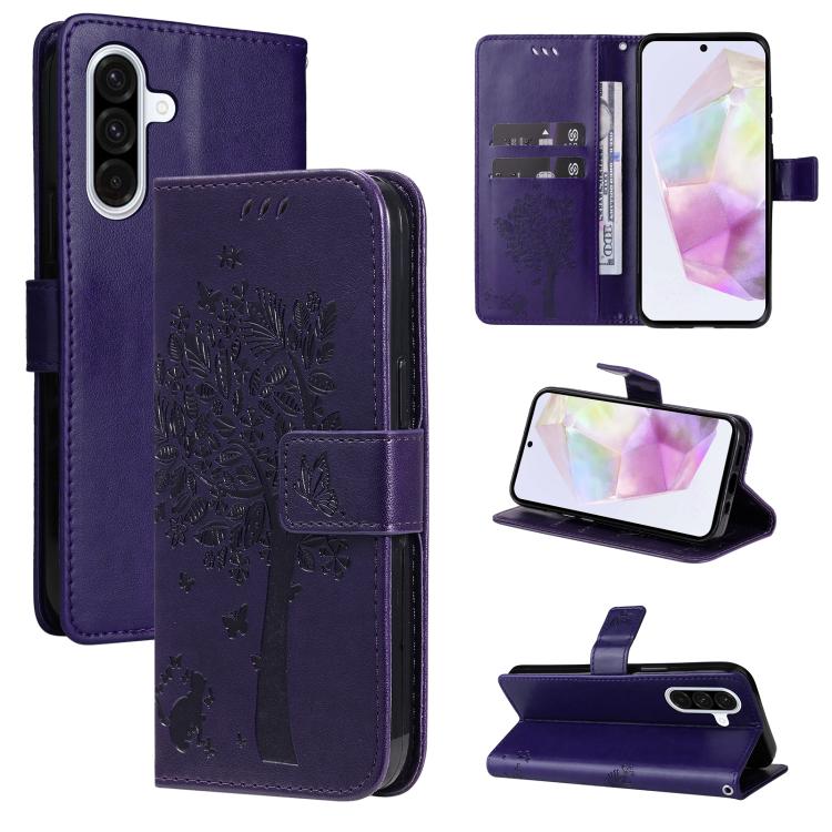 Custodia in pelle con motivo albero e gatto per Samsung Galaxy A36 5G e A06 5G
