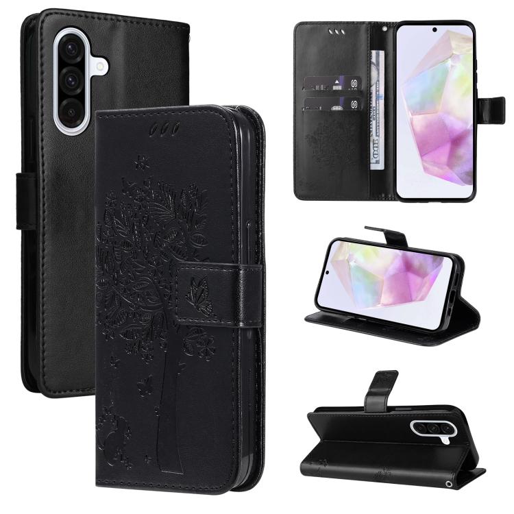 Custodia in pelle con motivo albero e gatto per Samsung Galaxy A36 5G e A06 5G
