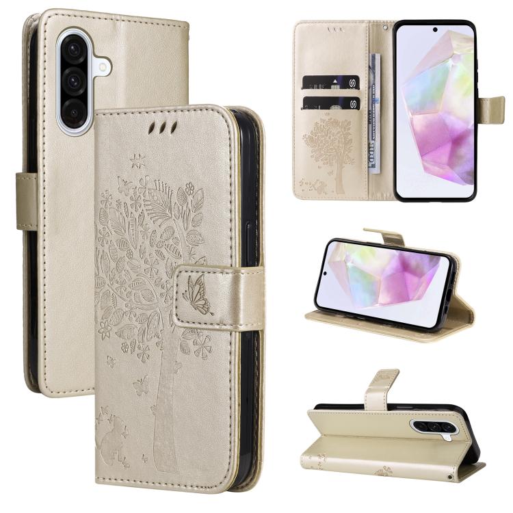 Custodia in pelle con motivo albero e gatto per Samsung Galaxy A36 5G e A06 5G