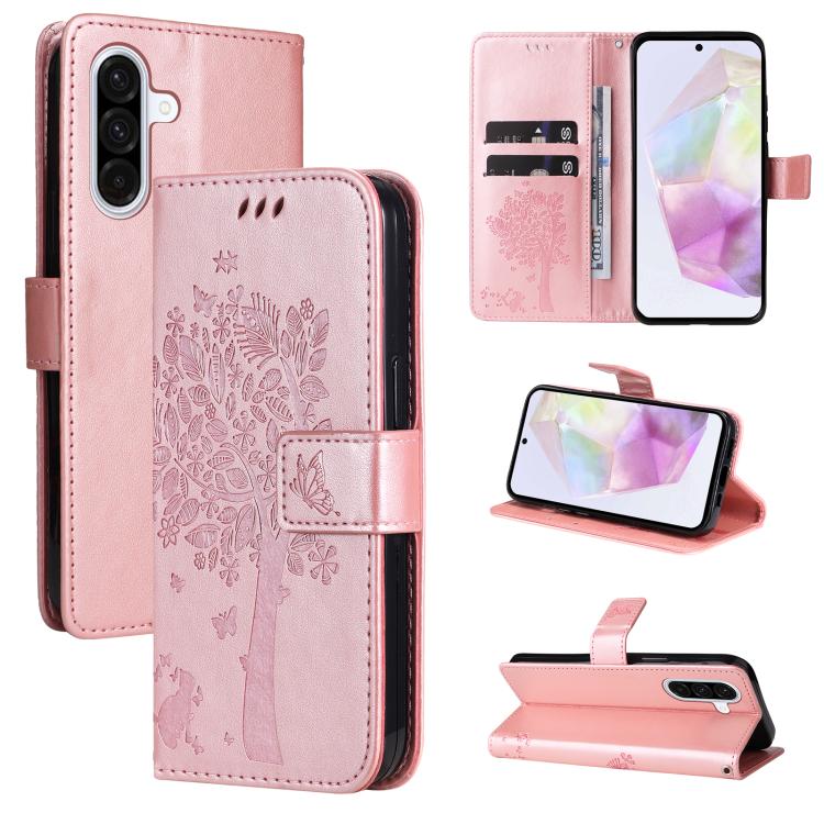 Custodia in pelle con motivo albero e gatto per Samsung Galaxy A36 5G e A06 5G