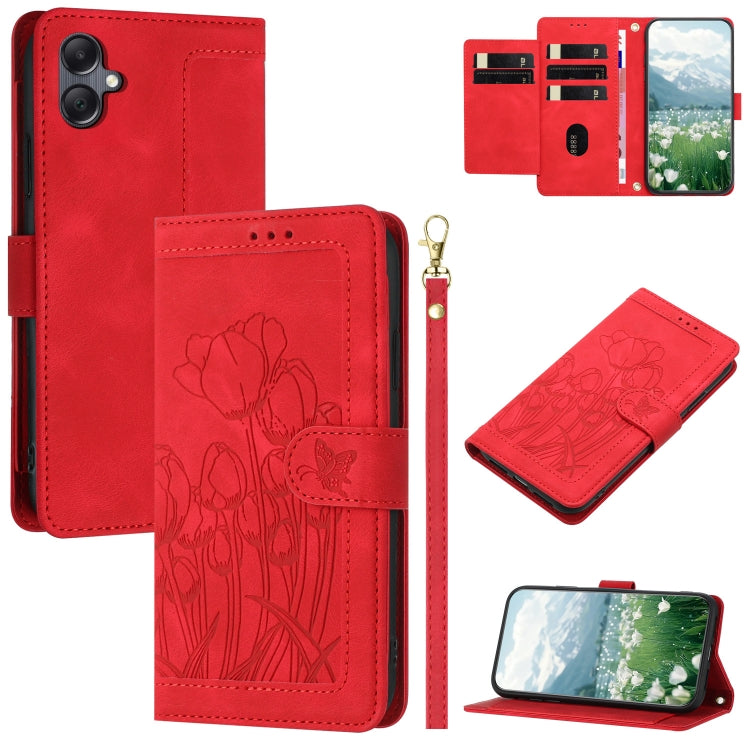 Custodia in pelle goffrata con tulipani per Samsung Galaxy A35 5G, A05, A05s e