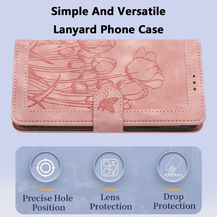 Custodia per telefono in pelle goffrata con tulipani e cordino, For Samsung Galaxy S24+ 5G, For Samsung Galaxy S24 5G, For Samsung Galaxy S23 FE 5G, For Samsung Galaxy S23 Ultra 5G