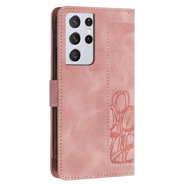 Custodia per telefono in pelle goffrata con tulipani e cordino, For Samsung Galaxy S21 Ultra 5G