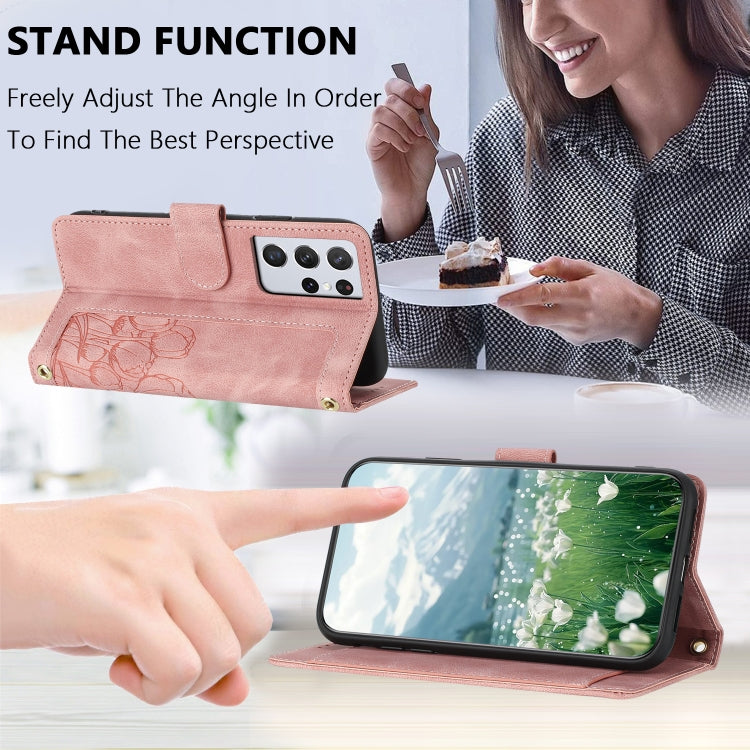 Custodia per telefono in pelle goffrata con tulipani e cordino, For Samsung Galaxy S21 Ultra 5G
