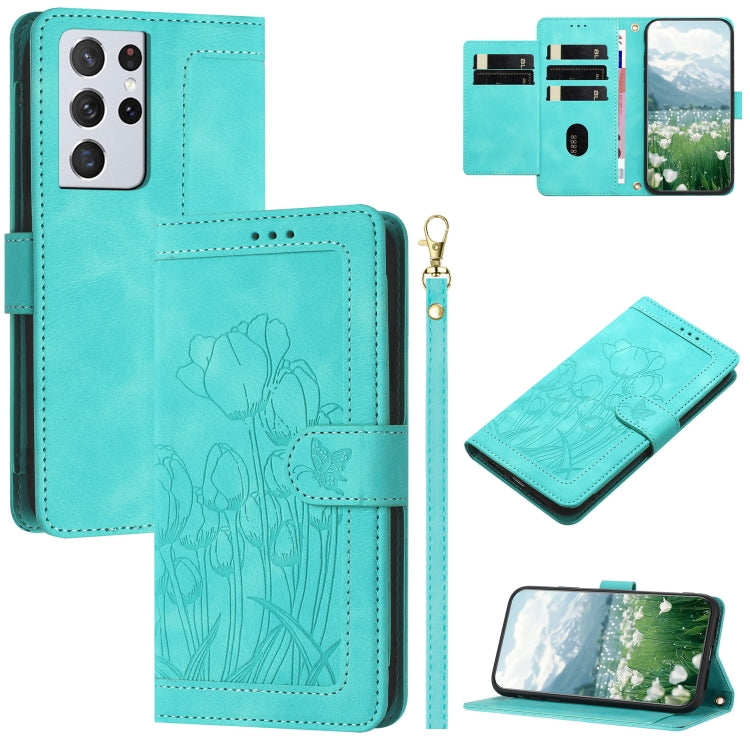 Custodia per telefono in pelle goffrata con tulipani e cordino, For Samsung Galaxy S21 Ultra 5G