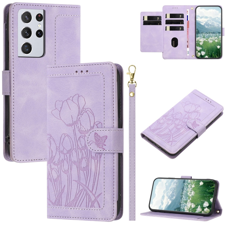 Custodia per telefono in pelle goffrata con tulipani e cordino, For Samsung Galaxy S21 Ultra 5G