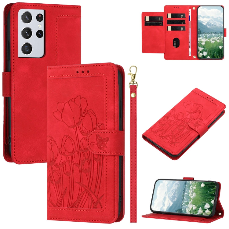 Custodia per telefono in pelle goffrata con tulipani e cordino, For Samsung Galaxy S21 Ultra 5G