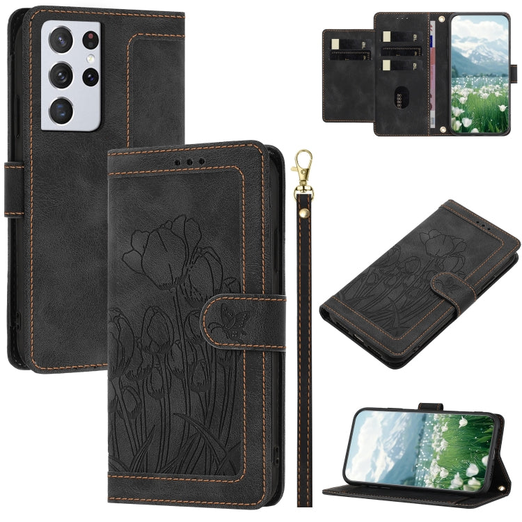 Custodia per telefono in pelle goffrata con tulipani e cordino, For Samsung Galaxy S21 Ultra 5G