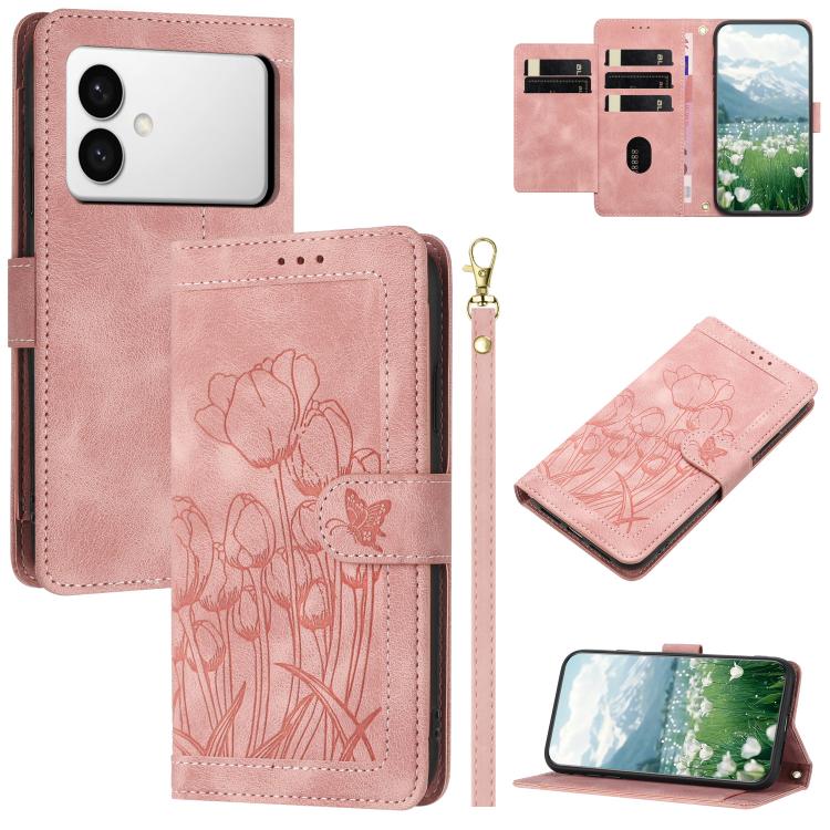Custodia in pelle goffrata con tulipani e cordino per Samsung Galaxy S26 FE